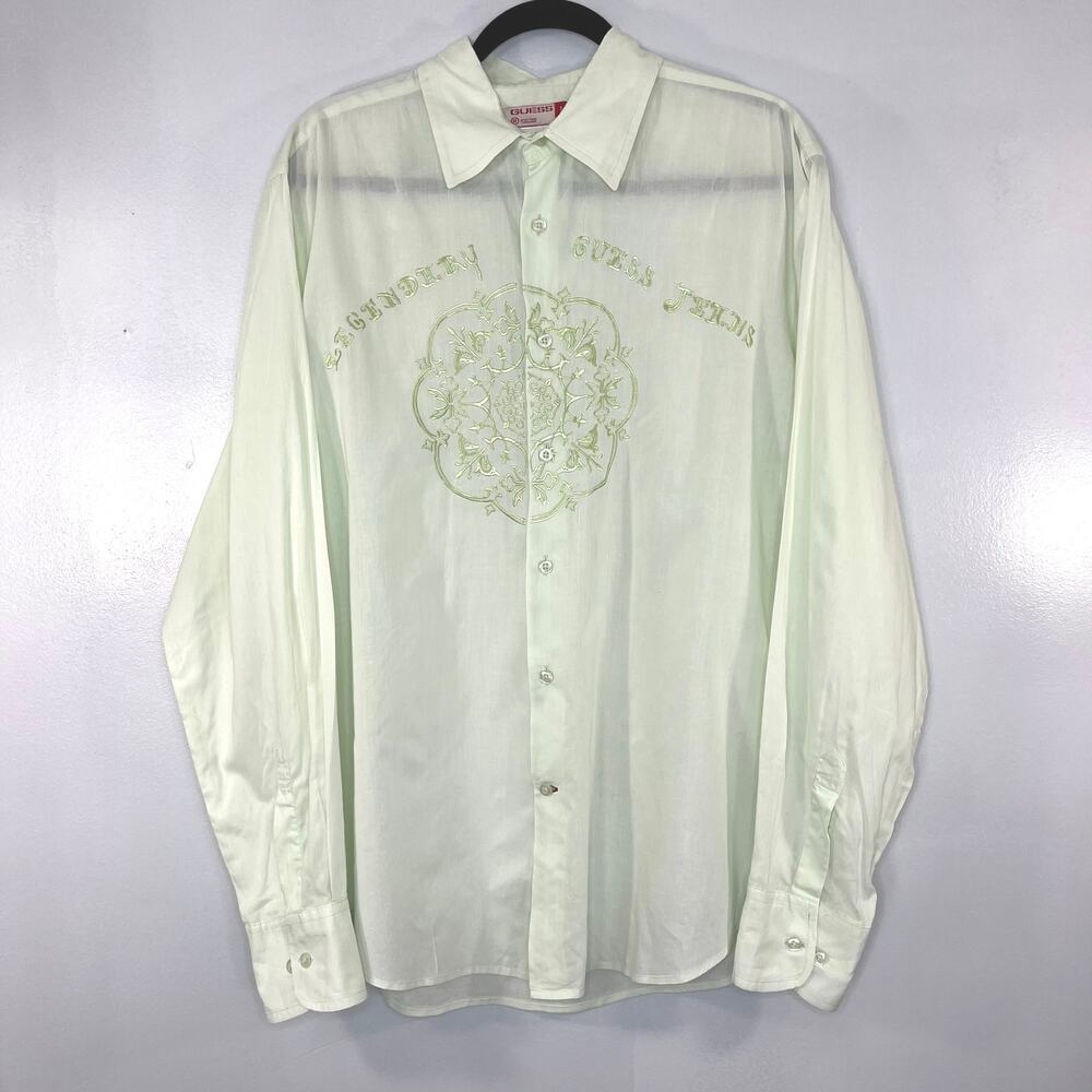 Guess Men’s Long Sleeve Shirts Button Up  Collared Embroidered Green Cotton Sz L